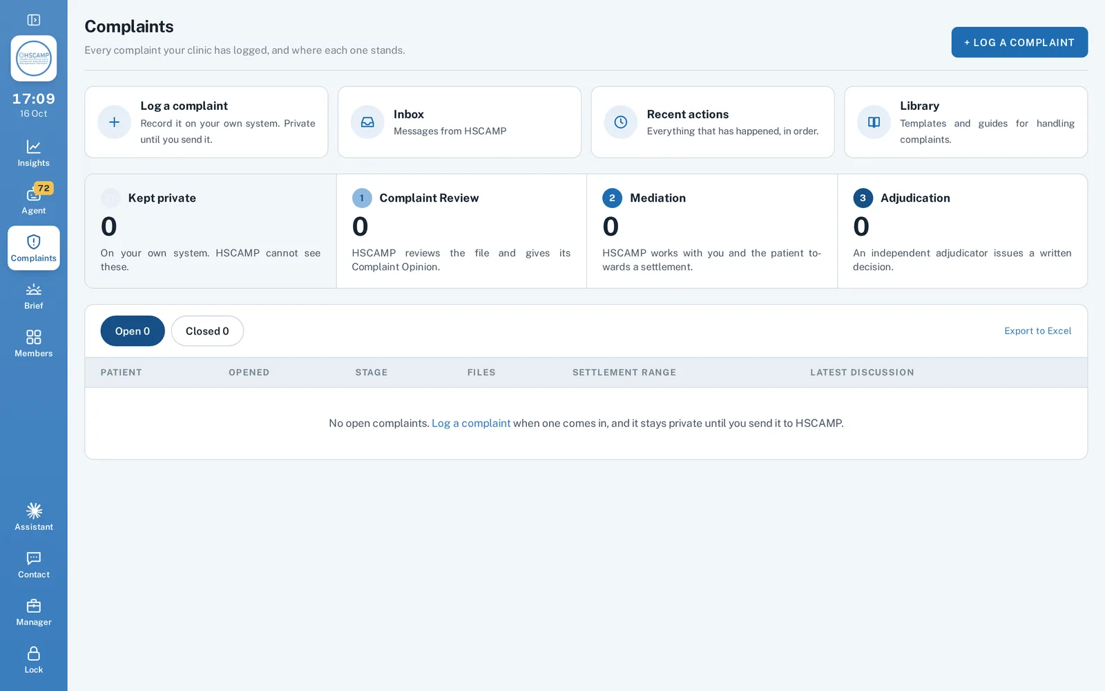 HSCAMP Clinic Portal complaints screen showing complaints kept private, Complaint Review, Mediation and Adjudication